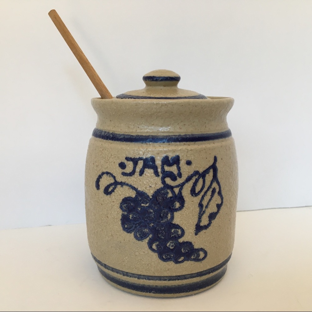 Salt Glazed Jam Jar Cobalt Blue stripes Beige Lid pottery Spoon Grapes vintage